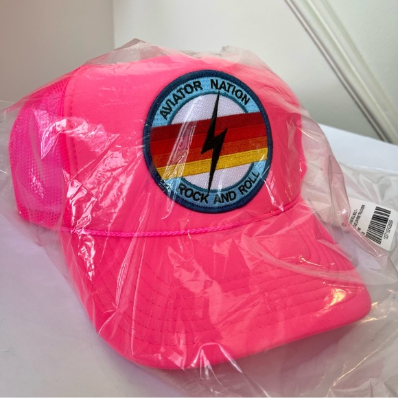 NWT Aviator Nation Neon Pink Trucker Hat Rock & Roll Bolt embroidered patch - Picture 11 of 11